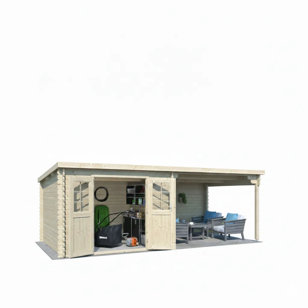 Casetta da giardino con porticato in abete grezzo non trattato, immersa in un ambiente verde, vista frontale