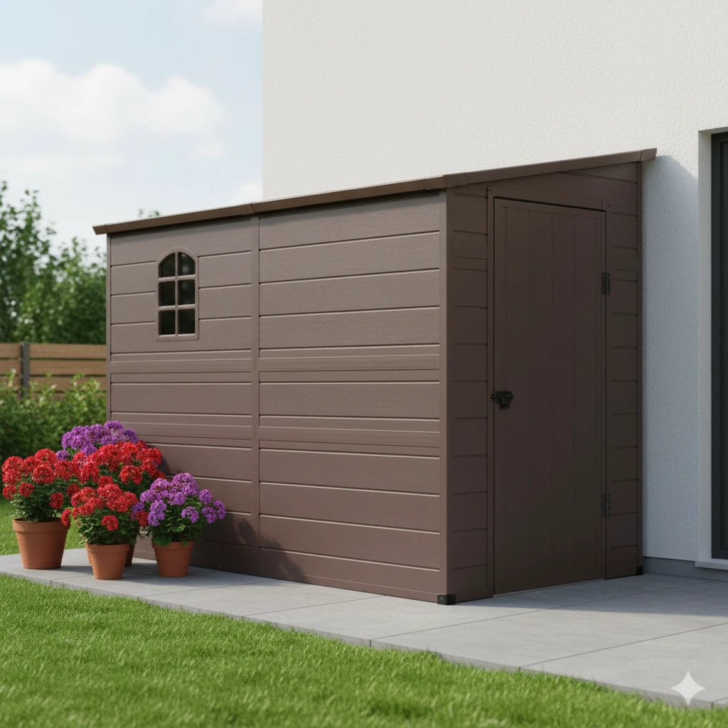 La Casetta Hause ambientata in un giardino, che ne evidenzia le dimensioni e l'utilità per mantenere lo spazio esterno ordinato e pulito, visa a ridosso della casa