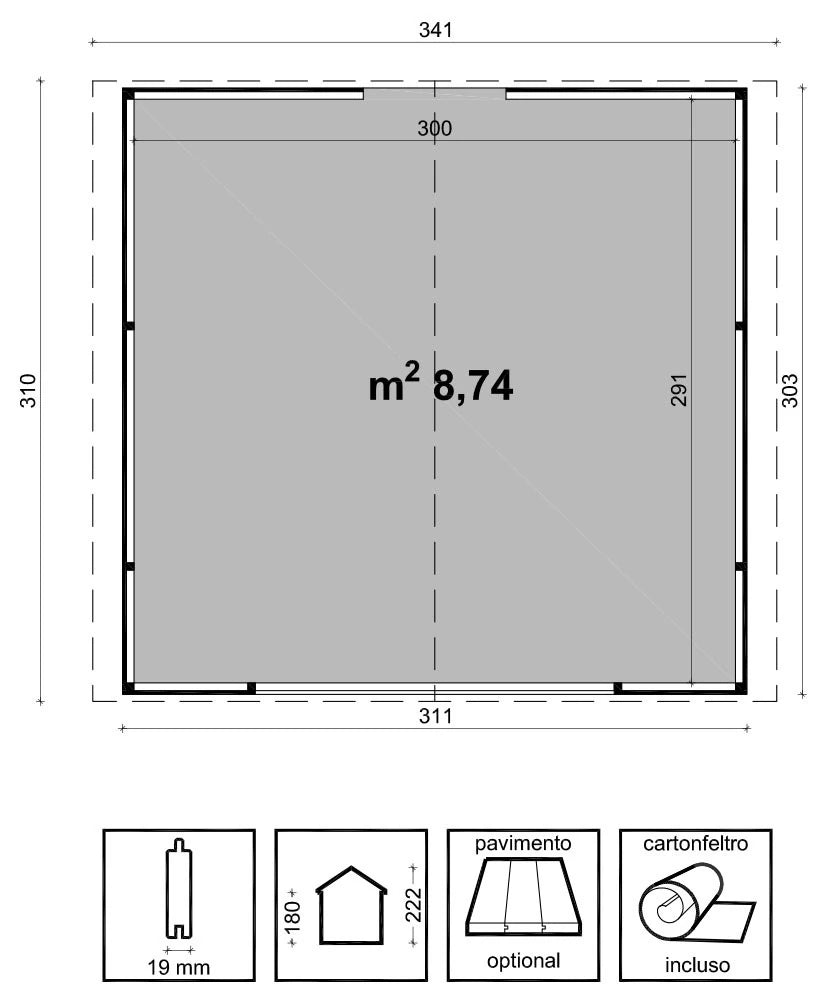Casetta Miami da giardino 310x300 cm in Abete Grezzo 19 mm con porta e anta a ribalta, ideale come chiosco o laboratorio, misure e schema