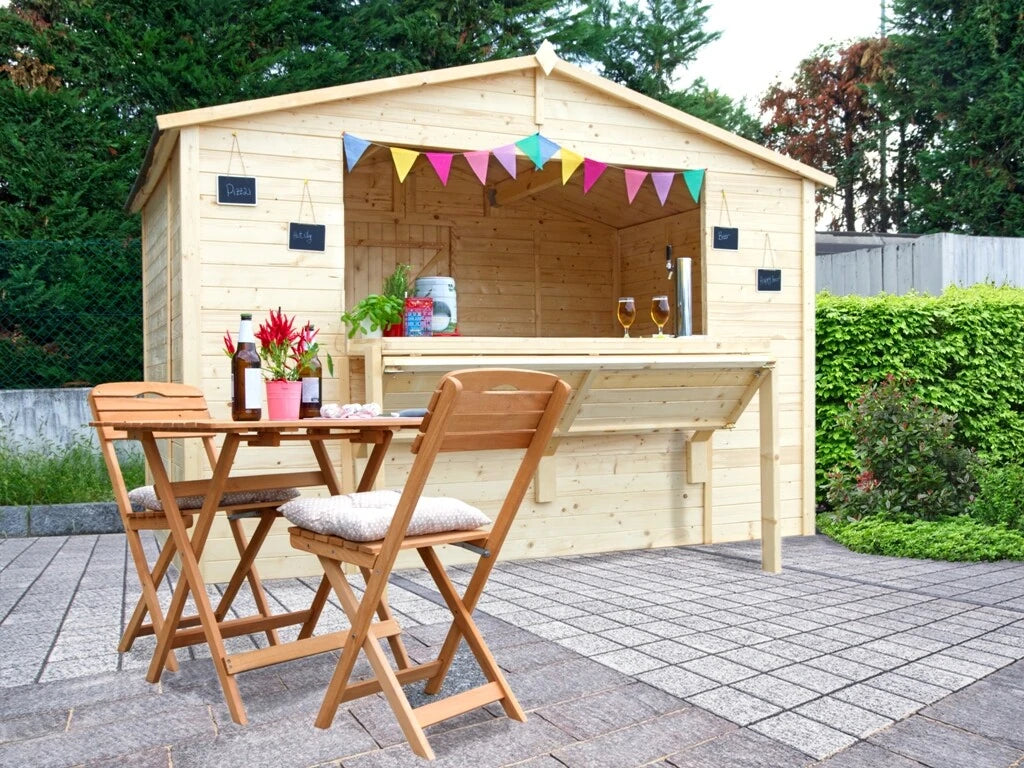 Casetta Miami da giardino 310x300 cm in Abete Grezzo 19 mm con porta e anta a ribalta, ideale come chiosco o laboratorio.