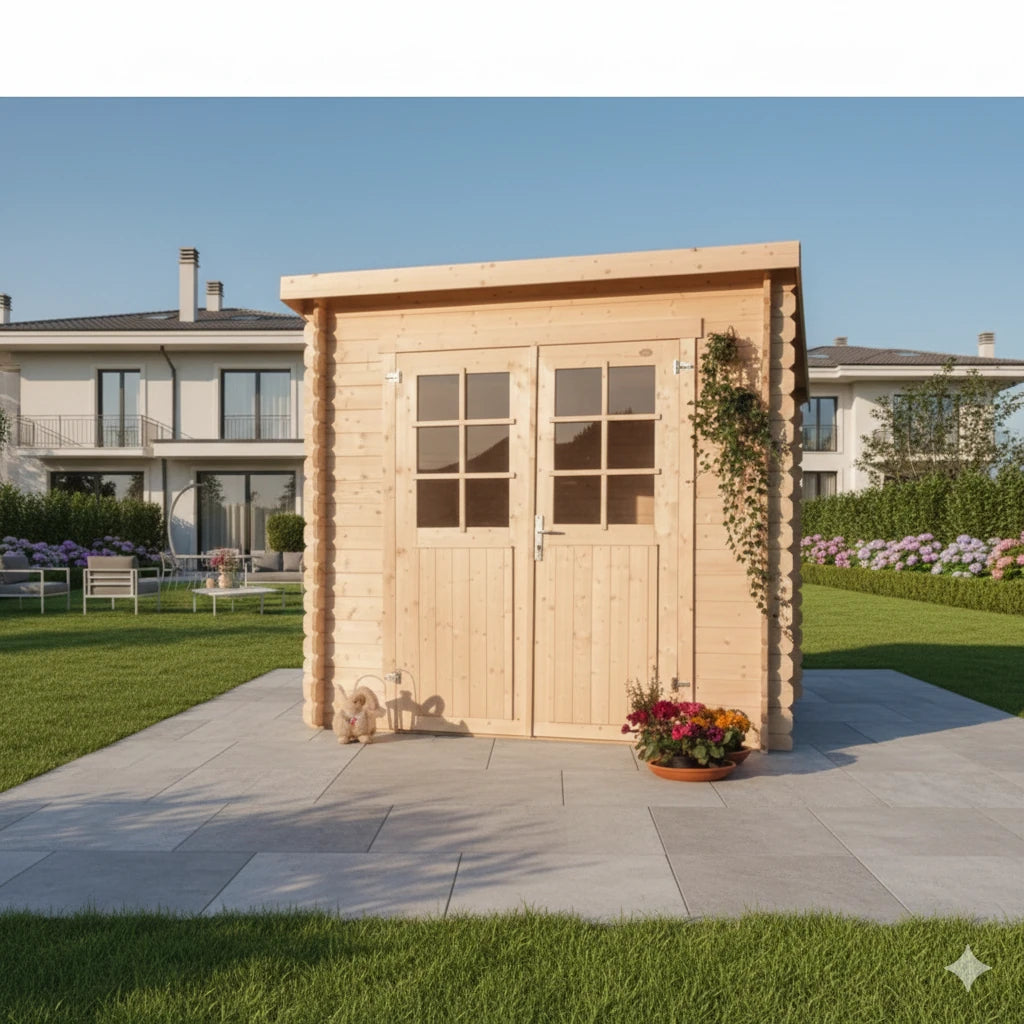 Casetta Nina da giardino 250x200 cm in Abete Grezzo, con doppia porta con serratura e tetto bitumato, ambientata giardino casa