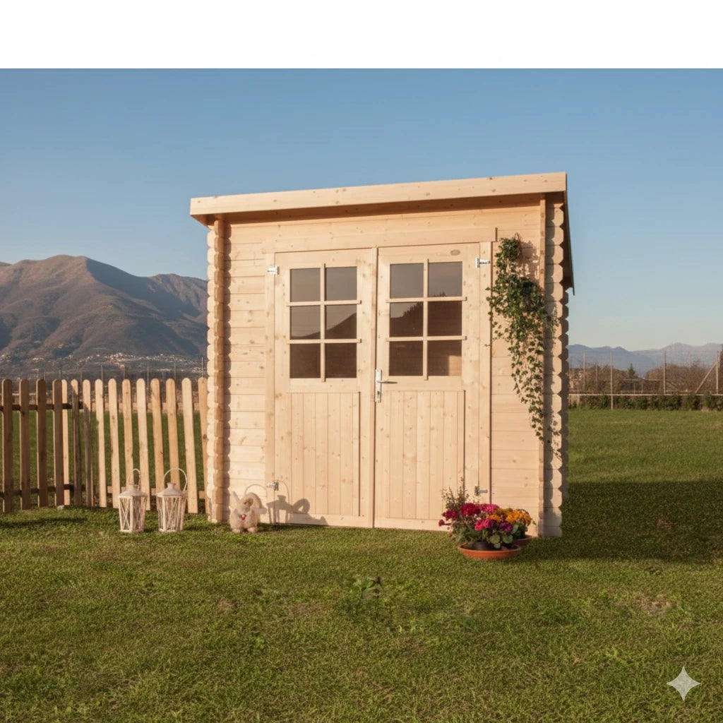 Casetta Nina da giardino 250x200 cm in Abete Grezzo, con doppia porta con serratura e tetto bitumato, vista frontale ambientata in montagna