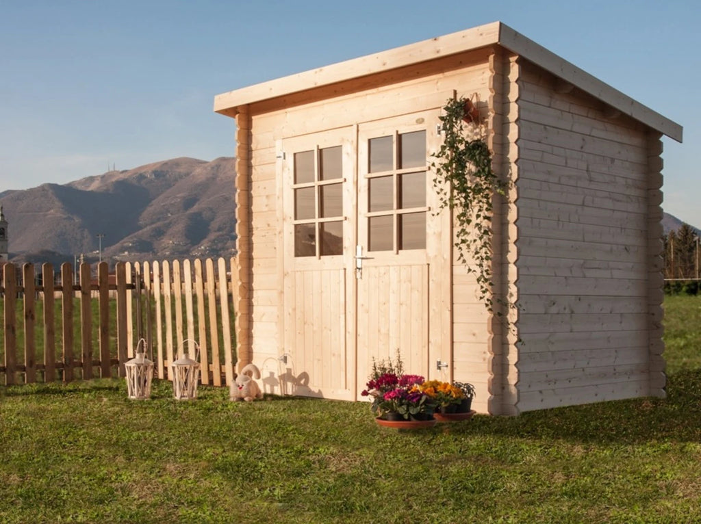 Casetta Nina da giardino 250x200 cm in Abete Grezzo, con doppia porta con serratura e tetto bitumato, vista laterale