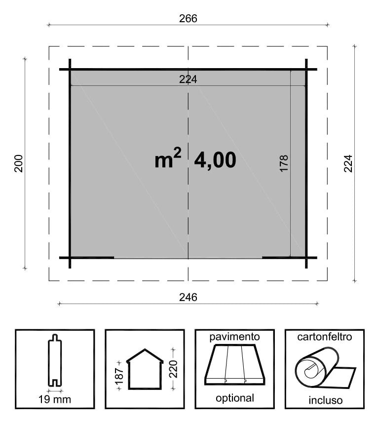 Casetta Sara da giardino 246x200 cm in Abete Grezzo, con doppia porta con serratura e tetto bitumato, misure e  schema