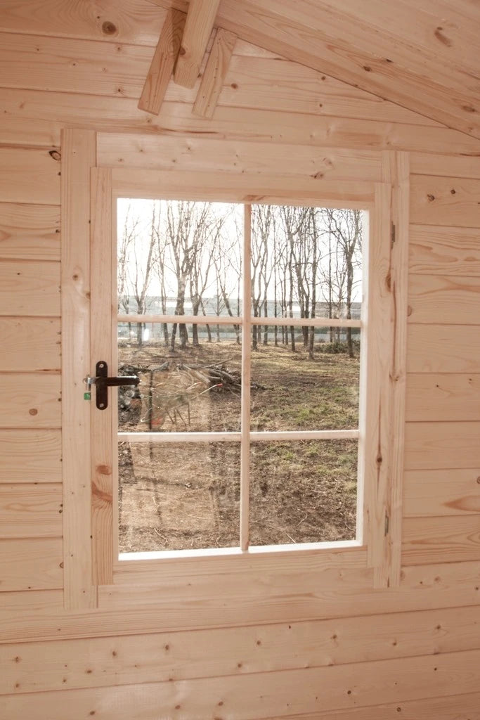 Casetta Toronto da giardino 300x200 cm in Abete Grezzo, con doppia porta con serratura e finestra, tetto bitumato, dettaglio interno infisso