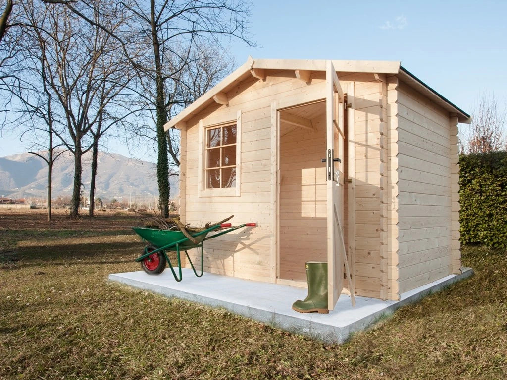 Casetta Toronto da giardino 300x200 cm in Abete Grezzo, con doppia porta con serratura e finestra, tetto bitumato, vista laterale