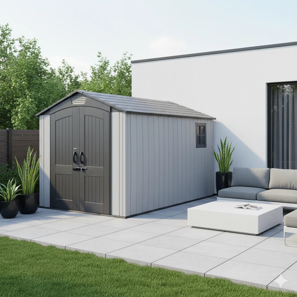 Casetta Venezia in Polietilene HDPE a doppia parete (204x354 cm) con lucernario, 2 finestre apribili, porta rinforzata e pavimento incluso, ambientata in giardino moderno