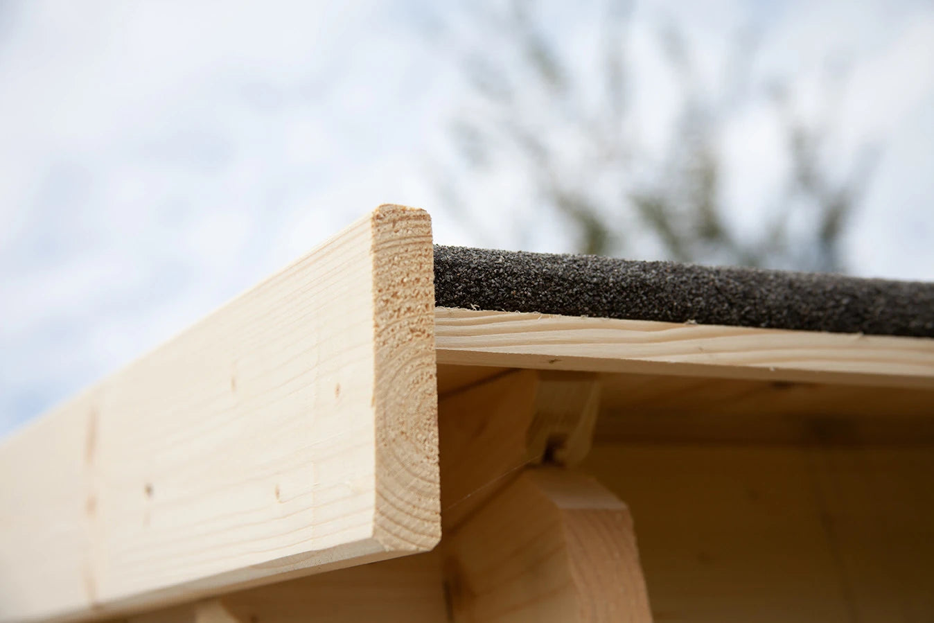 Casetta Viola da giardino 246x300 cm in Abete Grezzo, con doppia porta con serratura e tetto bitumato, dettaglio tetto