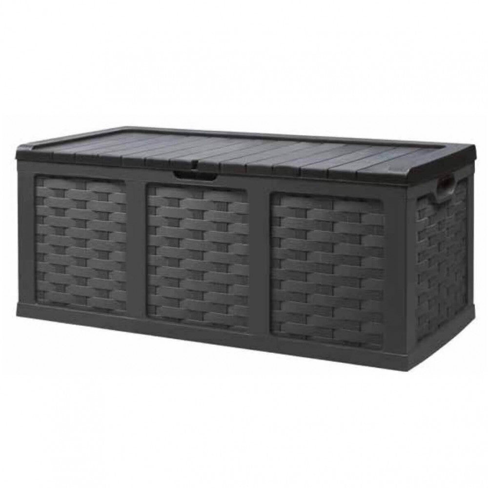 Vista frontale della cassapanca Rattan Style XXL chiusa, che evidenzia la struttura solida e il design geometrico dei pannelli intrecciati.