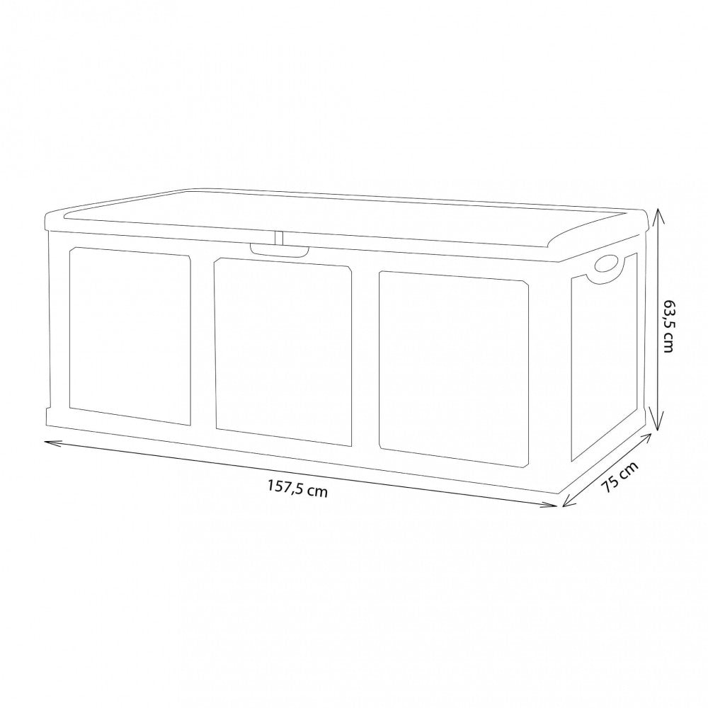 Disegno tecnico lineare della cassapanca che illustra le dimensioni esatte: 157,5 centimetri di larghezza, 75 centimetri di profondità e 63,5 centimetri di altezza.