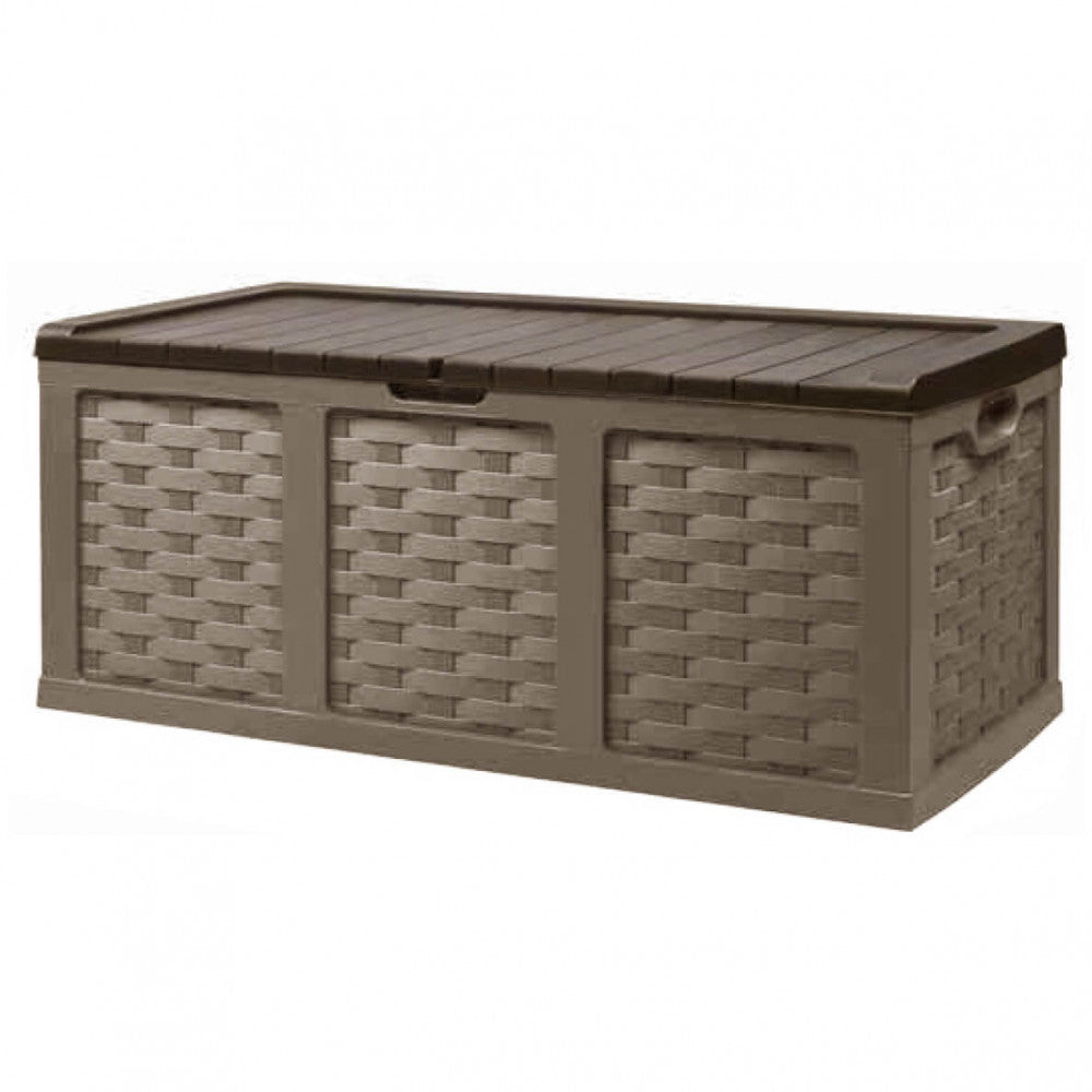 Vista frontale della cassapanca Rattan Style XXL in polimero marrone, che evidenzia la texture intrecciata e il coperchio liscio.