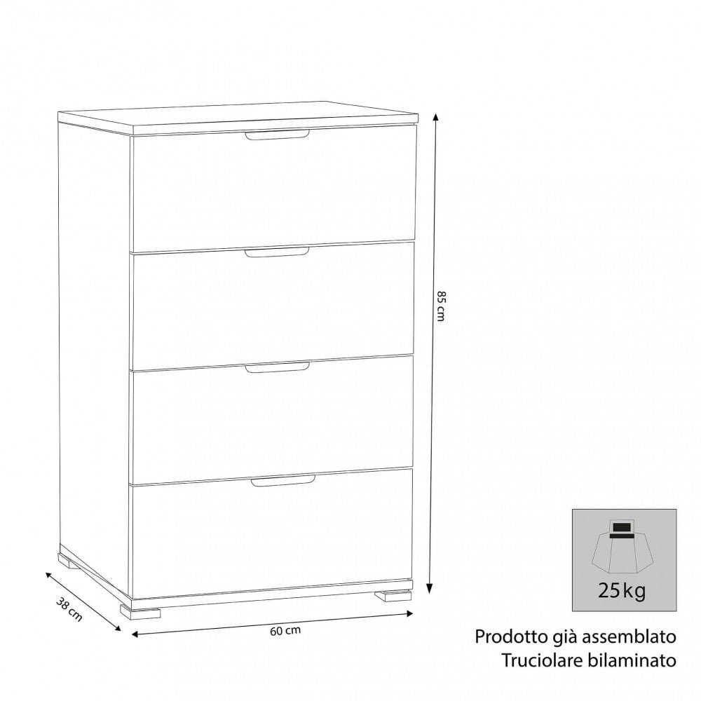 Disegno tecnico della cassettiera bianca con quote dimensionali: 60 cm di larghezza, 38 cm di profondità e 85 cm di altezza.