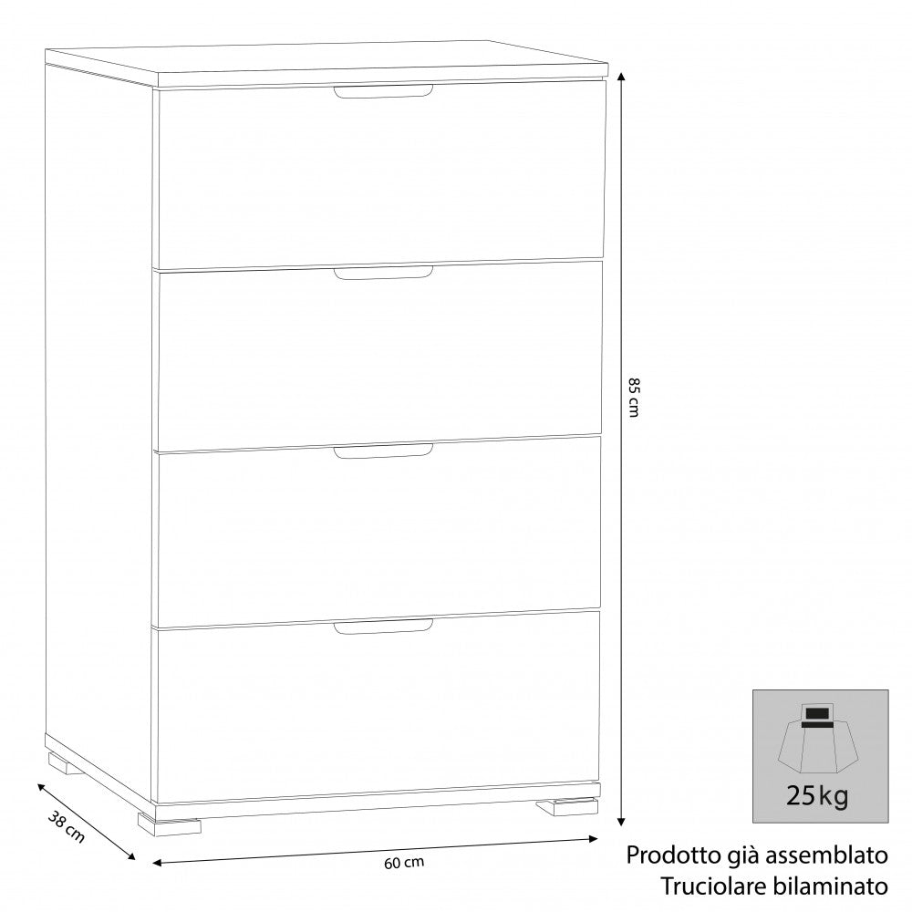 Disegno tecnico della cassettiera con quote dimensionali di 60x38x85 cm e indicazione del peso di 25 kg.