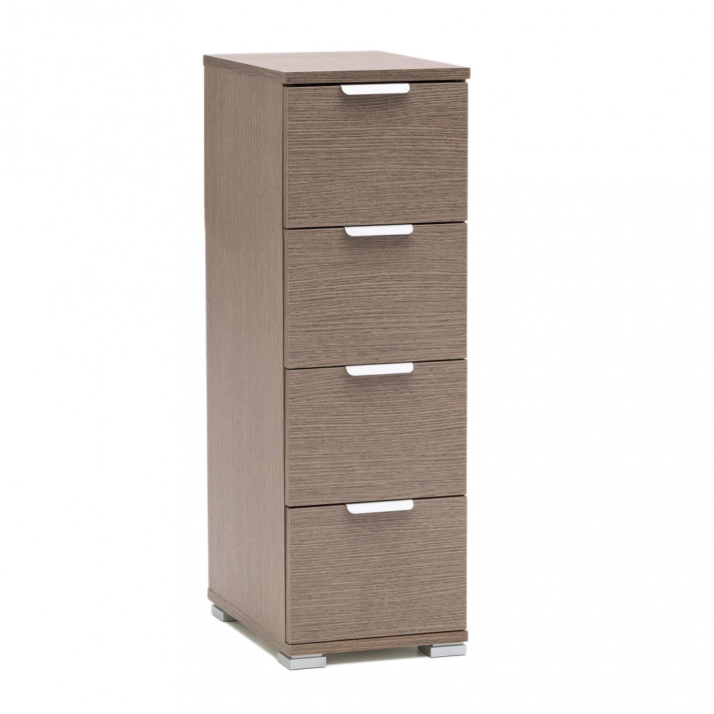 Vista frontale della cassettiera in truciolare bilaminato rovere grigio con cassetti chiusi.