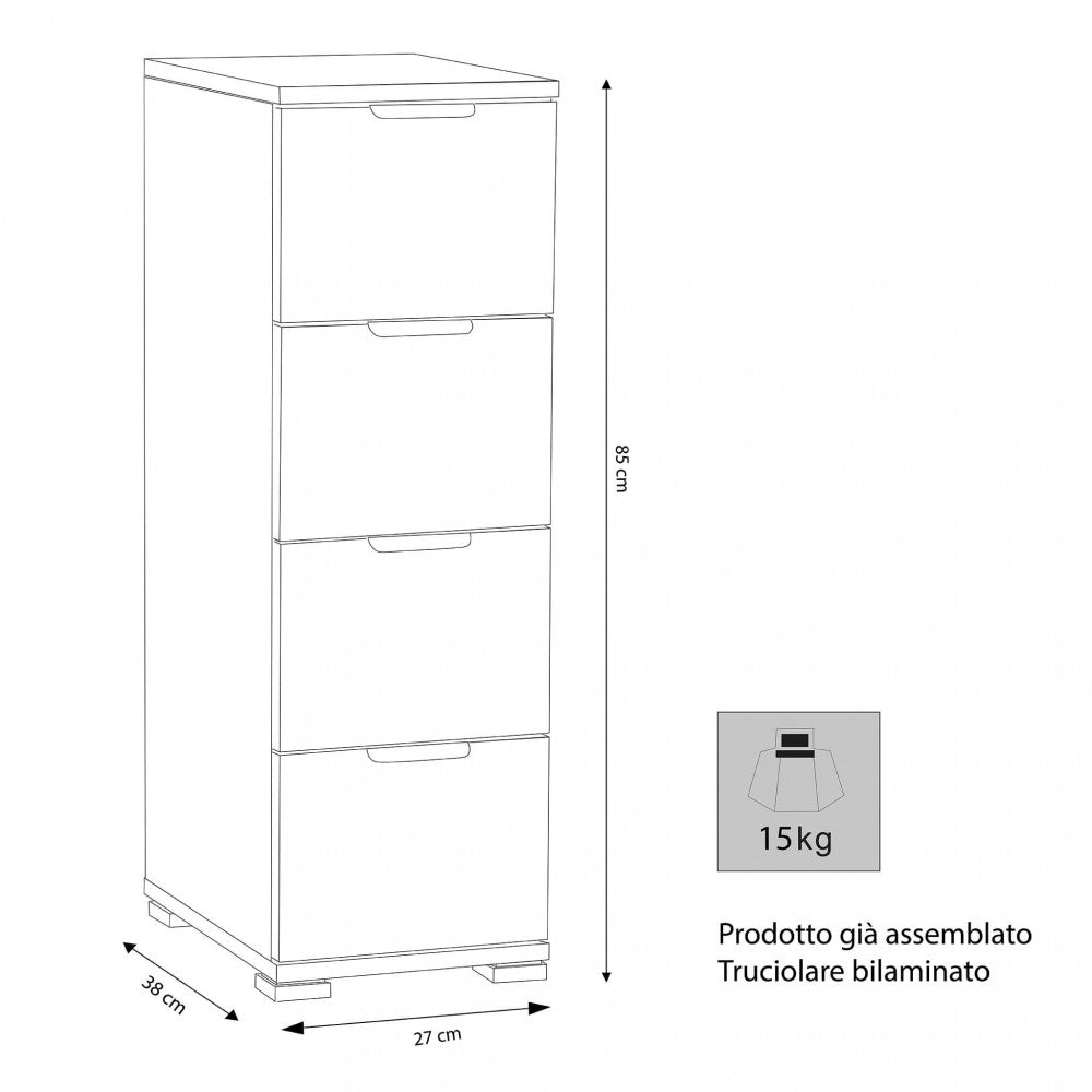 Disegno tecnico della cassettiera con dimensioni: 27 cm di larghezza, 38 cm di profondità e 85 cm di altezza.