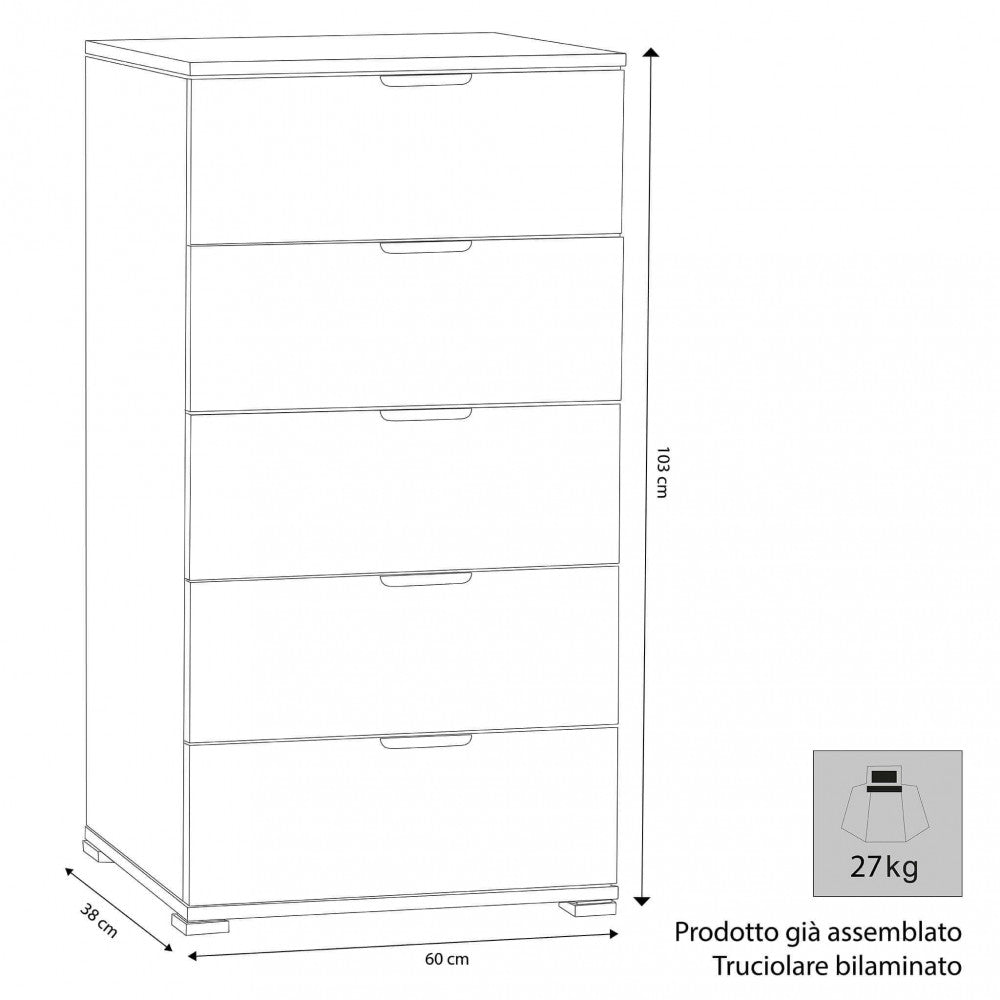 Disegno tecnico della cassettiera con quote dimensionali: 60 cm di larghezza, 38 cm di profondità, 103 cm di altezza e peso di 27 kg.