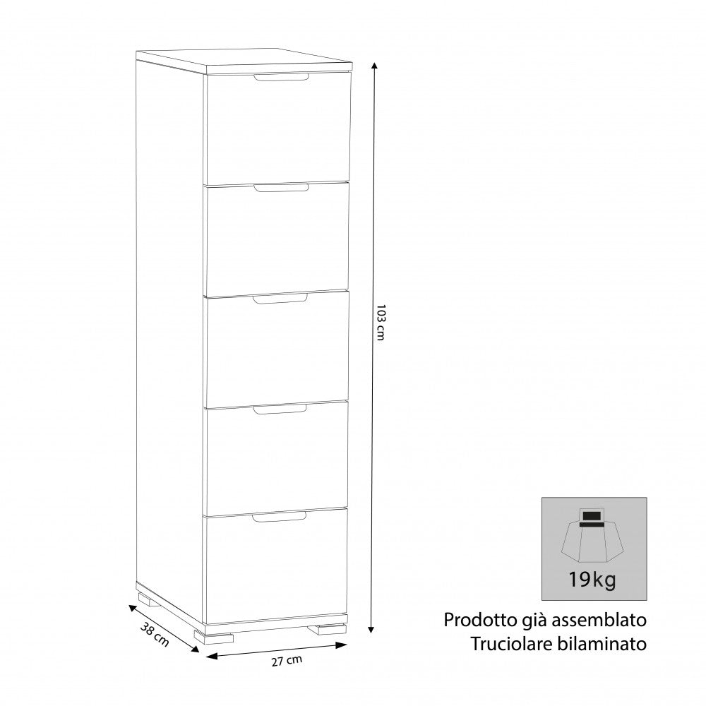 Disegno tecnico della cassettiera con dimensioni 27x38x103 cm, indicazione del peso di 19kg e materiale truciolare bilaminato.