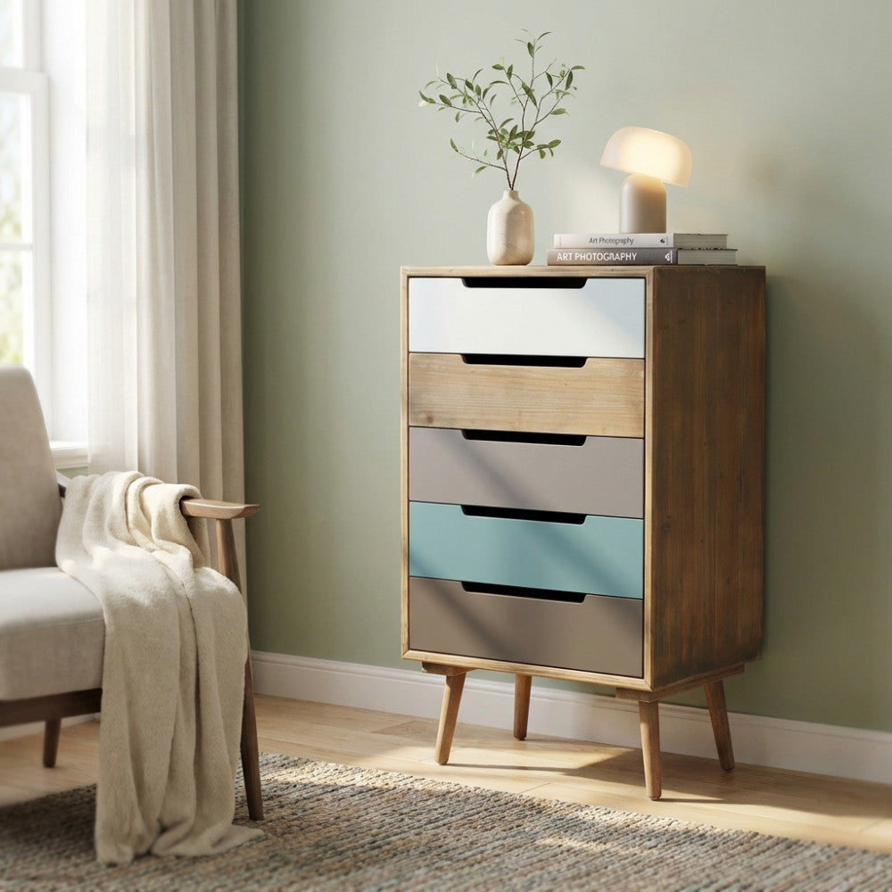 Cassettiera Cosma Darwin in legno scuro con cinque cassetti multicolore