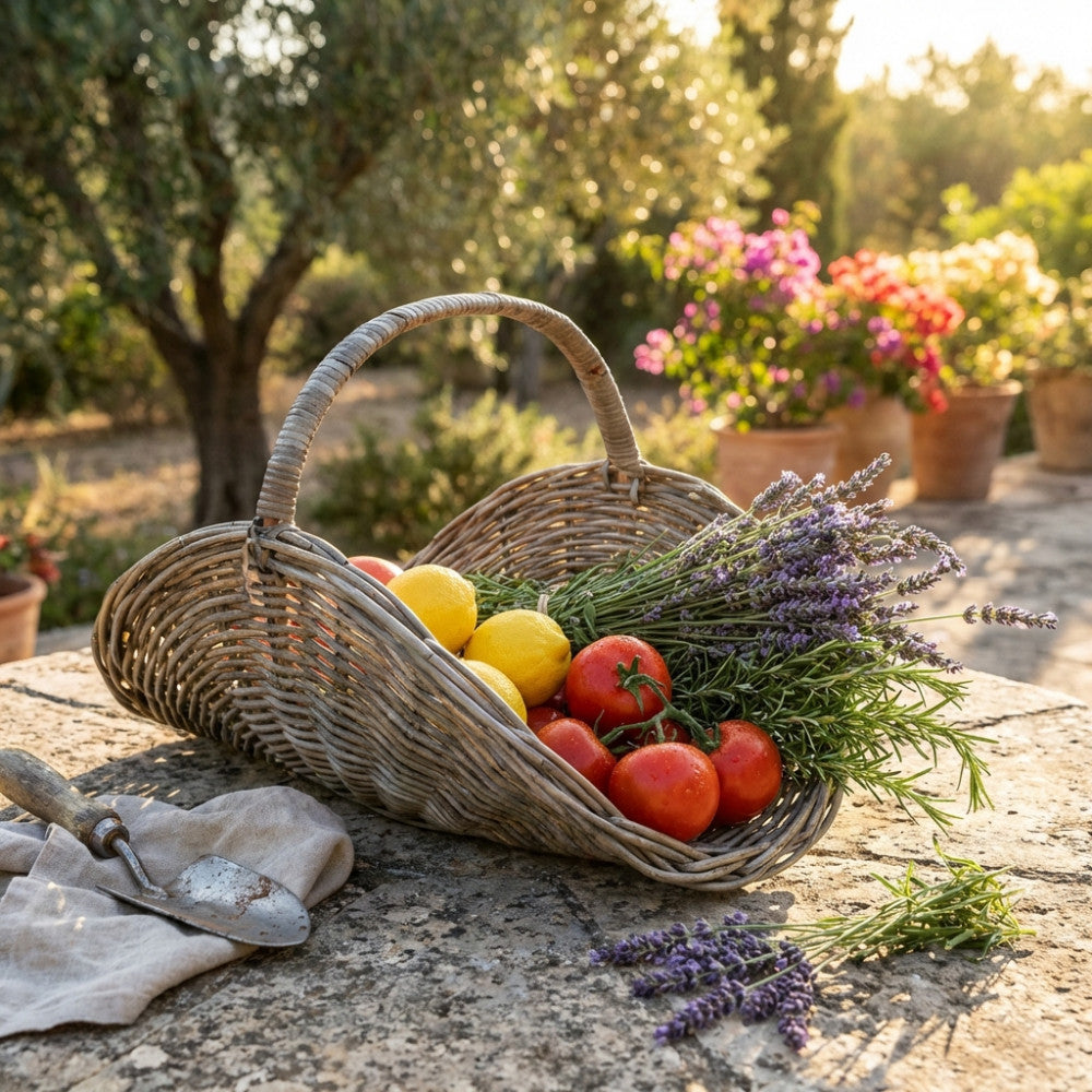 Cesto Tristan in vimini grigio adagiato su un tavolo in pietra, riempito con limoni, pomodori freschi e rami di lavanda in un giardino soleggiato.