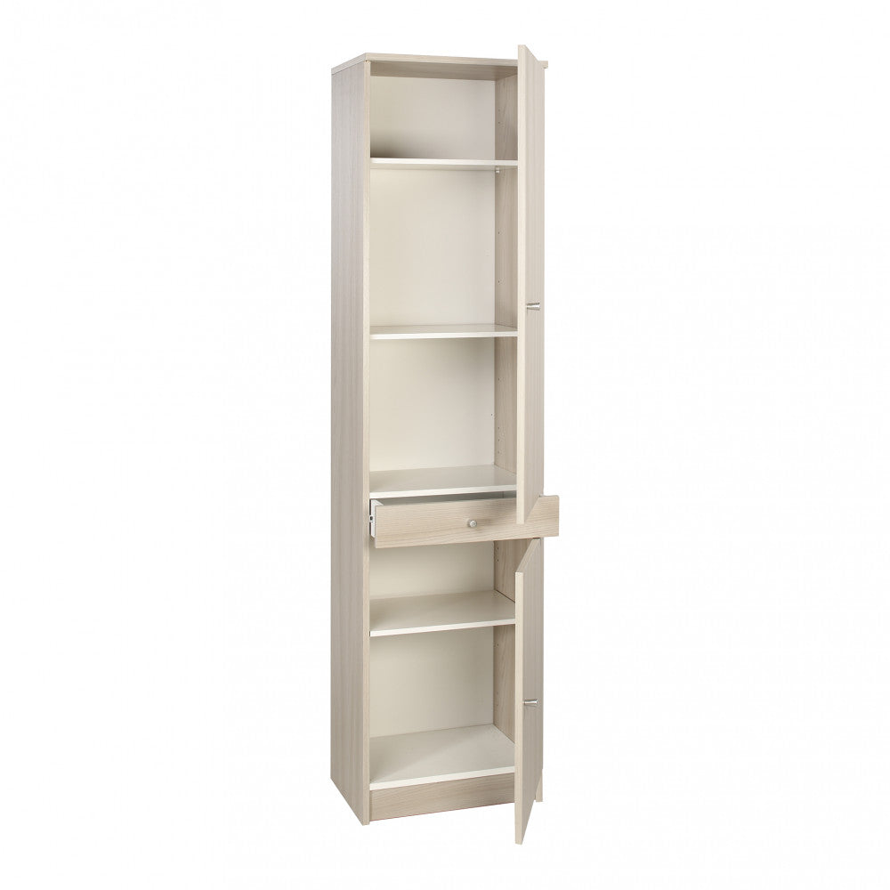 Interno colonna portaoggetti in olmo chiaro by Albert con ante e cassetto aperti, spazio contenitivo