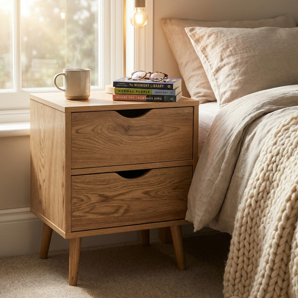 Comodino Amos Naturale in legno marrone chiaro ambientato in una camera da letto luminosa con tazza e libri.