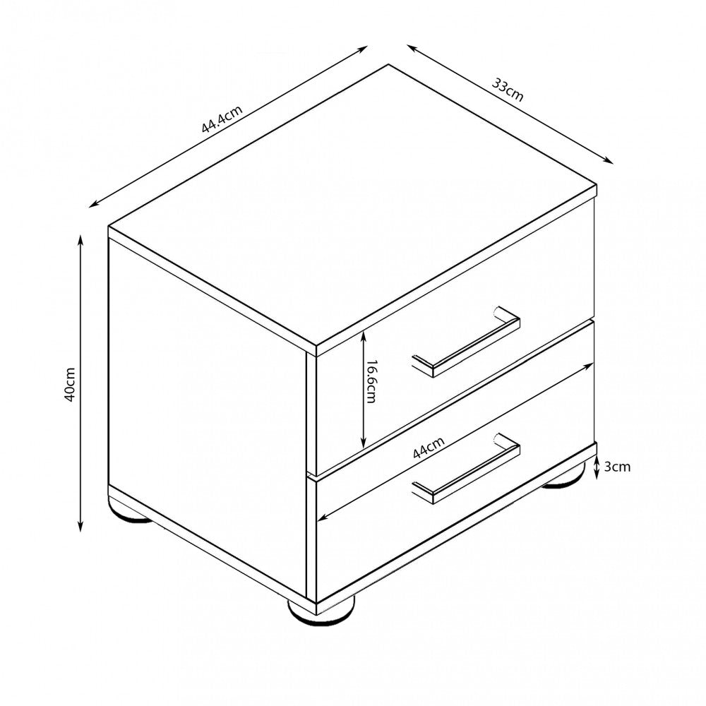 Disegno tecnico del comodino Ares con quote dimensionali: 44.4 cm di larghezza, 33 cm di profondita e 40 cm di altezza.