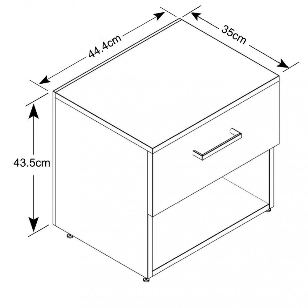 Schema tecnico prospettico del comodino MK801509 che illustra le proporzioni del cassetto e del vano inferiore.
