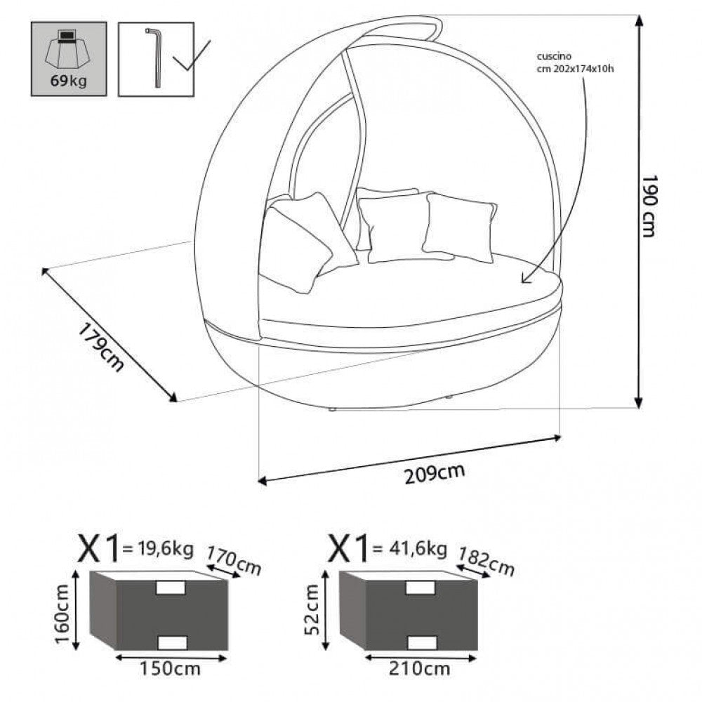 Disegno tecnico del conchiglione Palma con quote dimensionali: larghezza 209 cm, profondità 179 cm, altezza 190 cm e dettagli dei colli.