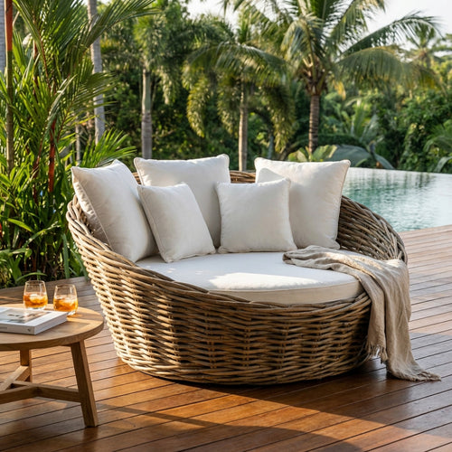 Divano lounge rotondo Conchiglione Quarter in rattan con morbidi cuscini bianchi, allestito su una terrazza in legno a bordo piscina.