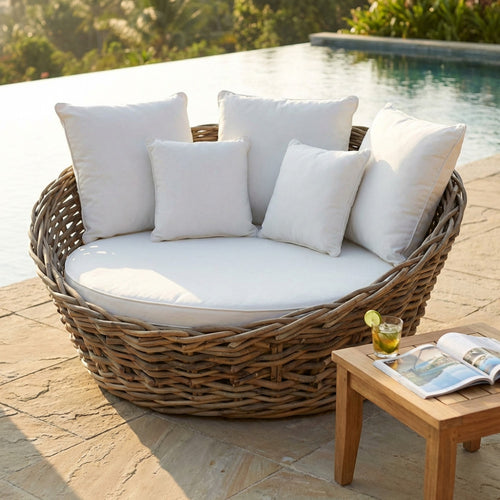 Elegante daybed a due posti in rattan marrone con cuscini bianchi sfoderabili, posizionato su un patio in pietra vicino a un tavolino.