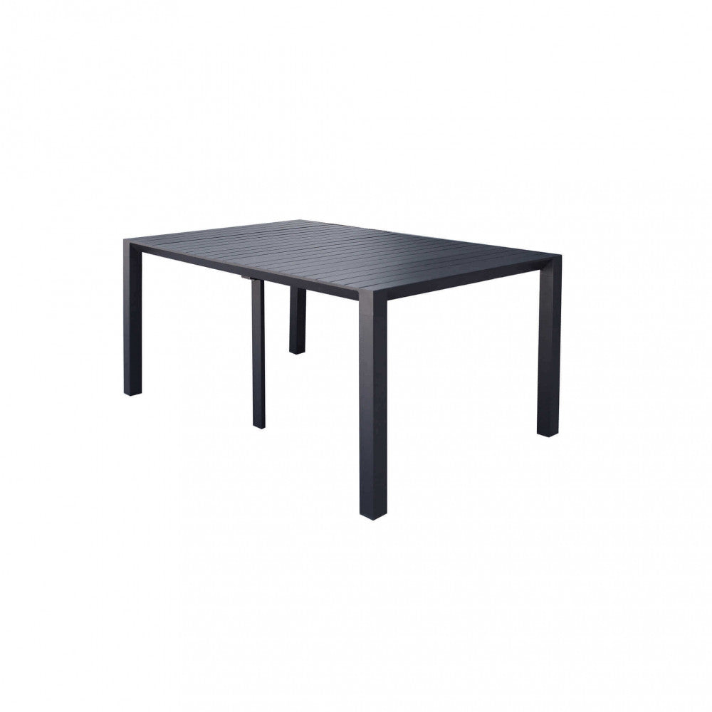 Tavolo consolle in alluminio antracite configurato in una dimensione intermedia su sfondo bianco.