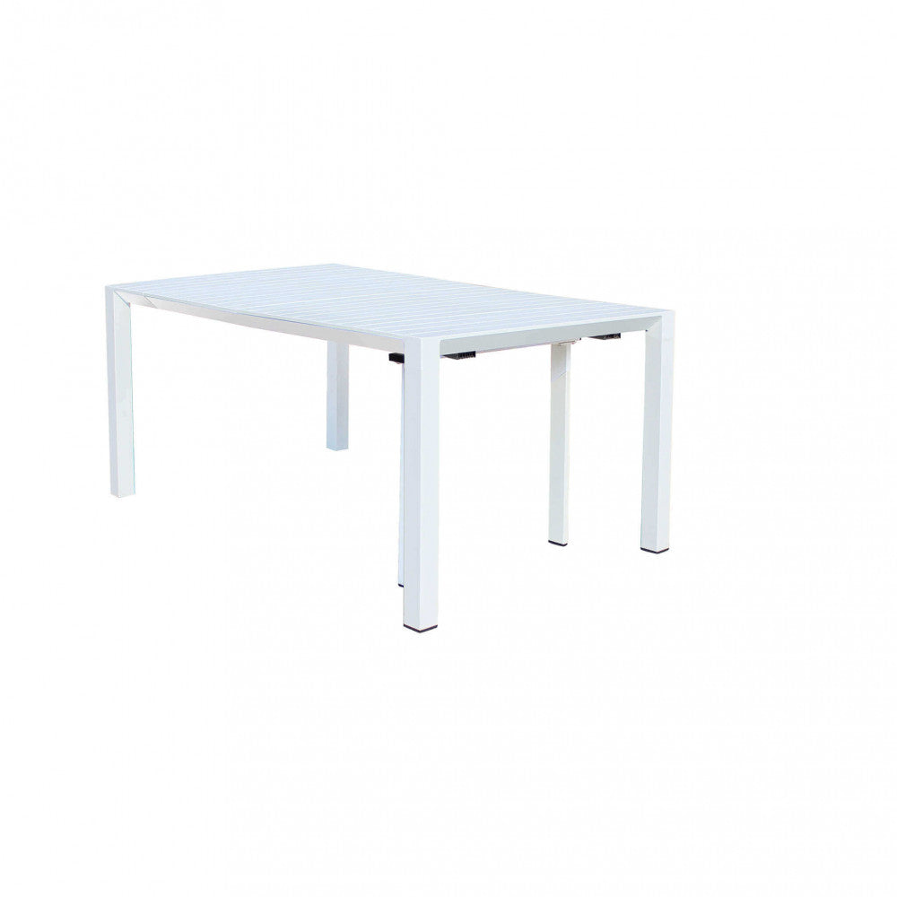 Tavolo estensibile in alluminio bianco configurato in una lunghezza intermedia.