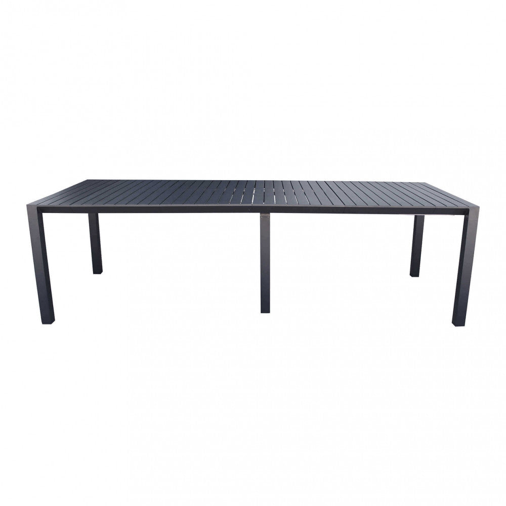 Consolle allungabile da esterno in alluminio con diverse configurazioni di profondità.