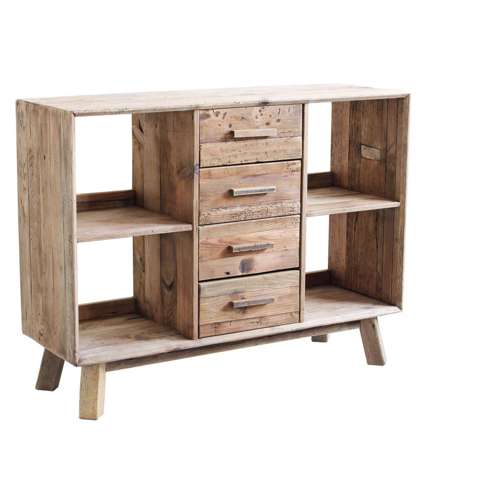 Credenza Adam isolata su sfondo bianco, che mostra la struttura in pino riciclato e i quattro cassetti centrali.