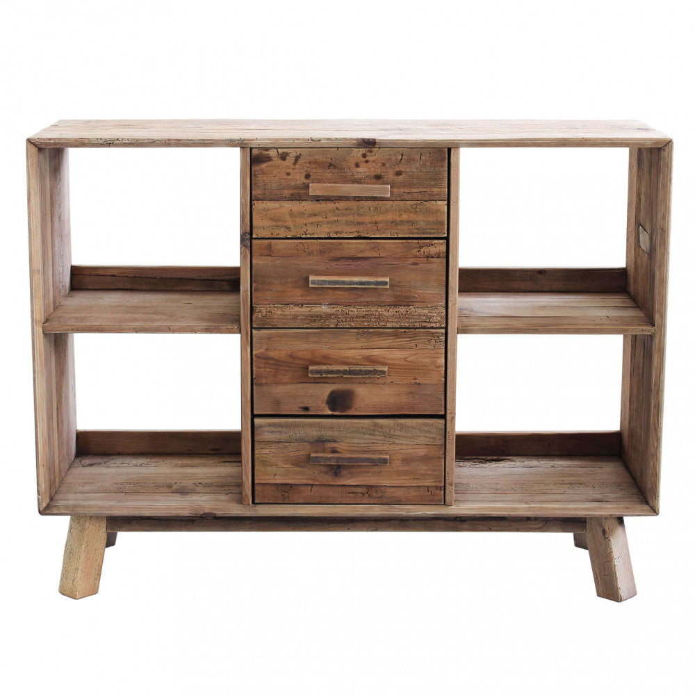 Dettaglio frontale simmetrico della credenza in legno massello riciclato con venature a vista.