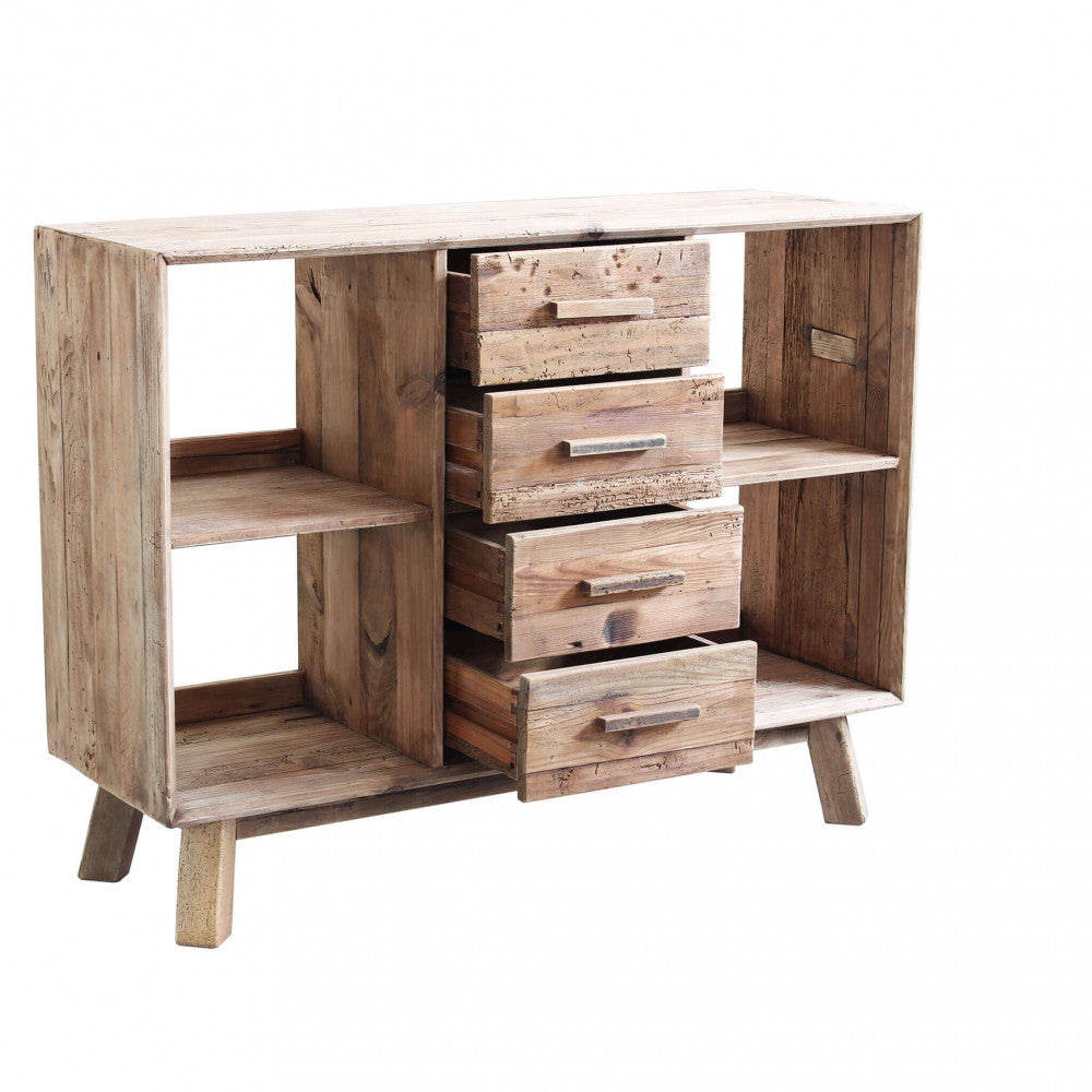 Prospettiva angolare della credenza Adam con cassetti aperti, evidenziando la profondità dei vani e la robustezza del legno.