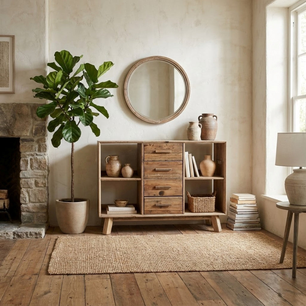 Credenza Adam inserita in un salotto rustico chic con specchio rotondo, pianta d'appartamento e tappeto in iuta.
