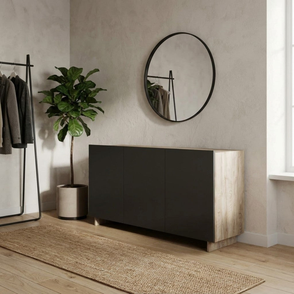Credenza Carlile inserita in un ingresso moderno con specchio rotondo e pianta d'appartamento.