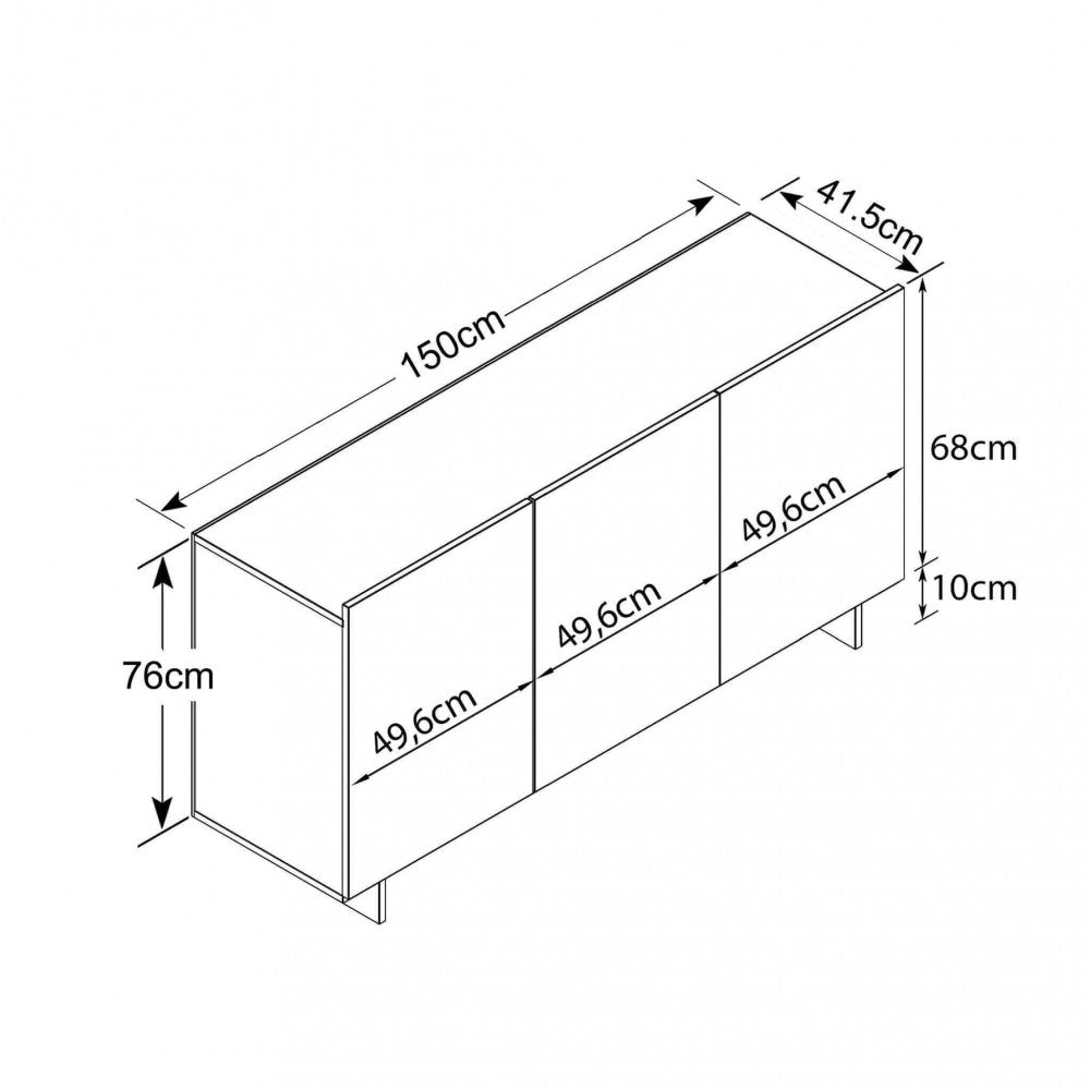 Disegno tecnico della credenza Carlile con quote dimensionali: larghezza 150 cm, profondità 41,5 cm e altezza 76 cm.