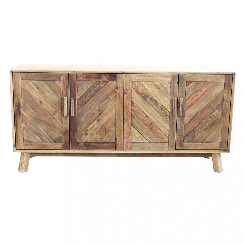 Prospettiva frontale della credenza Roland su sfondo bianco, evidenziando i piedini inclinati e il design geometrico.