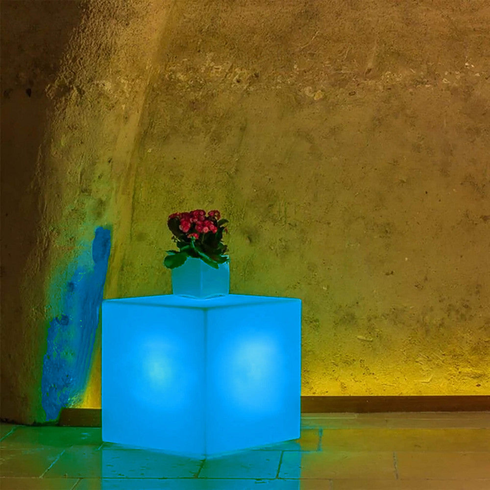 Cubo luminoso illuminato di blu profondo, utilizzato come piedistallo per una piccola pianta in vaso in un interno rustico.