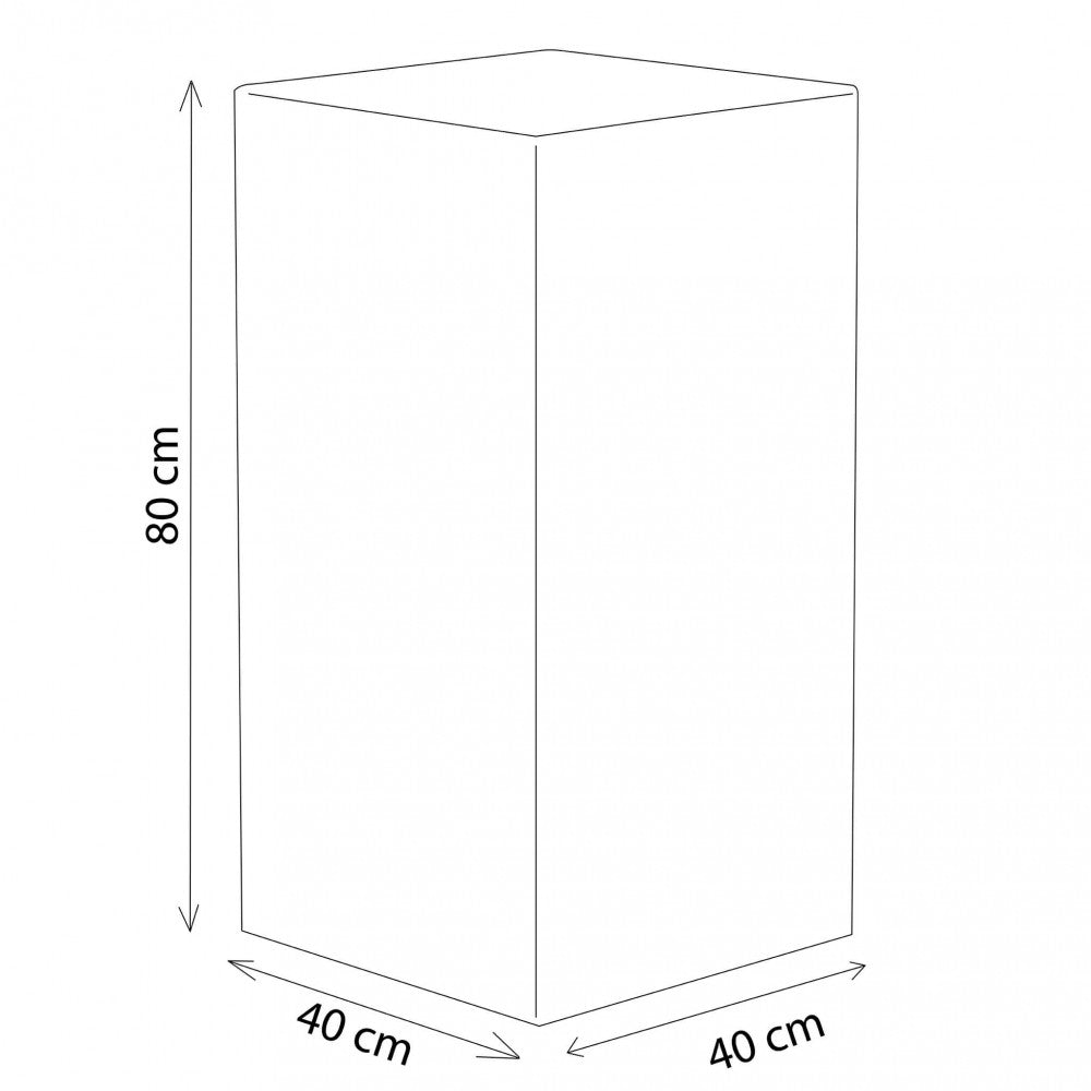 Disegno tecnico del cubo luminoso che illustra le dimensioni esatte: 40 cm di larghezza, 40 cm di profondità e 80 cm di altezza.