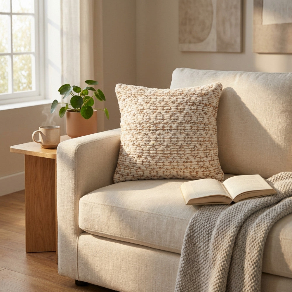 Cuscino Jean in lana e juta illuminato dalla luce naturale su un divano beige.