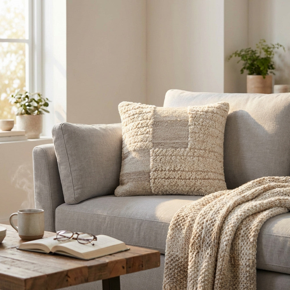 Ambientazione living con il cuscino Josselin su un divano, accompagnato da una coperta in maglia e un tavolino in legno rustico.