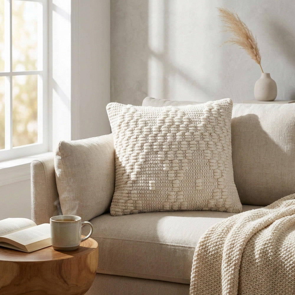 Dettaglio ravvicinato del cuscino Marcel 45x45 che mostra la texture tridimensionale in lana su una poltrona.