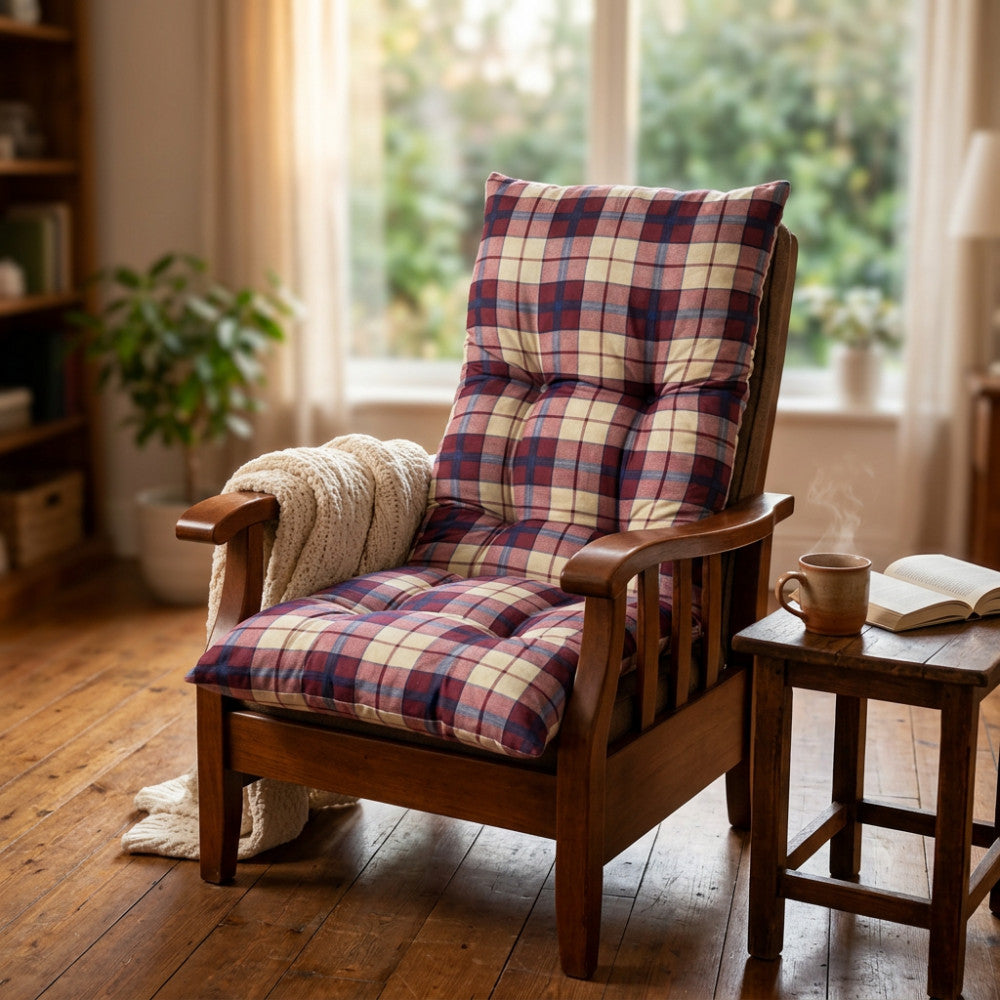 Cuscino per poltrona relax Cosma con motivo tartan rosso, vista frontale