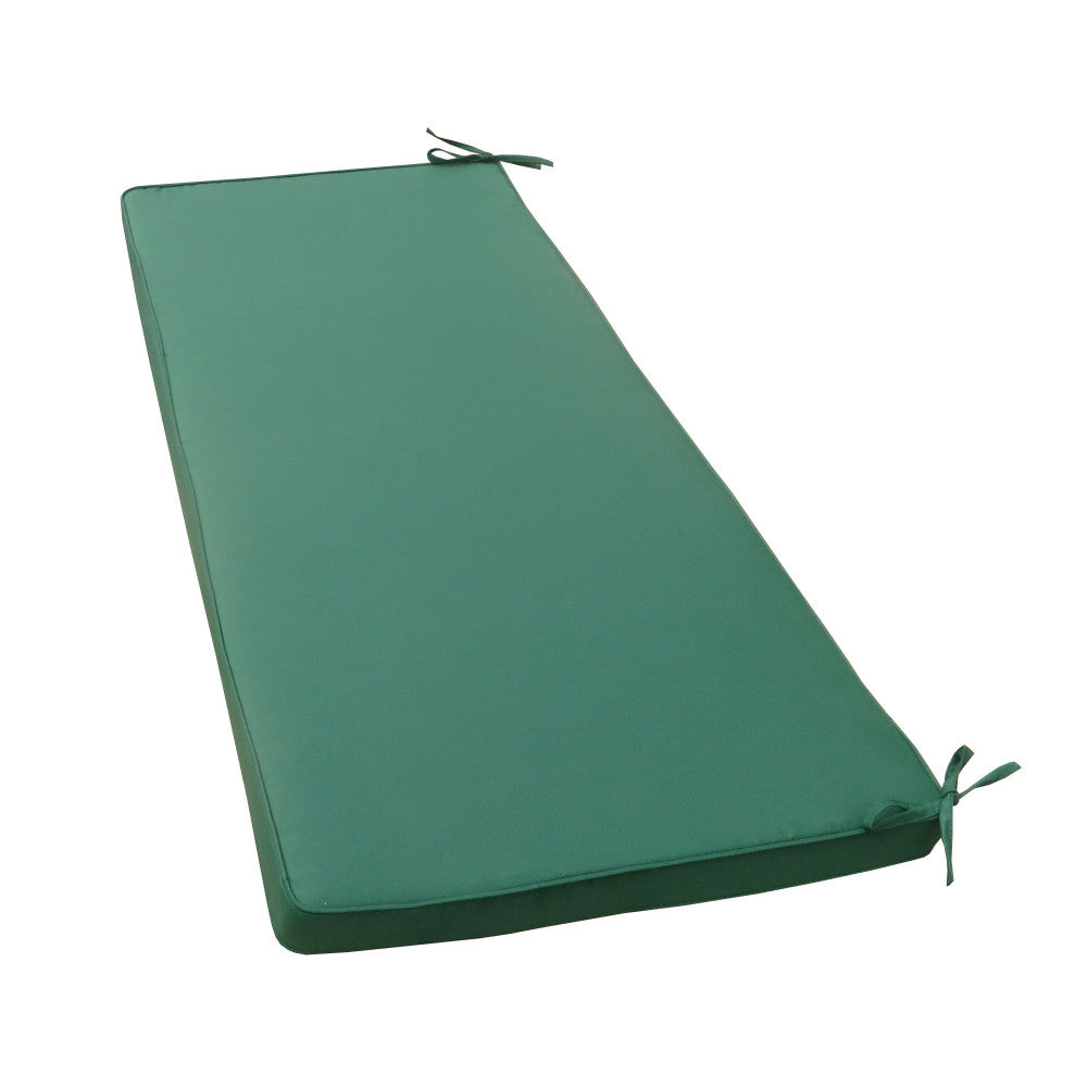 Vista isolata del cuscino rettangolare verde scuro su sfondo bianco, che mostra i pratici laccetti per il fissaggio alla seduta.