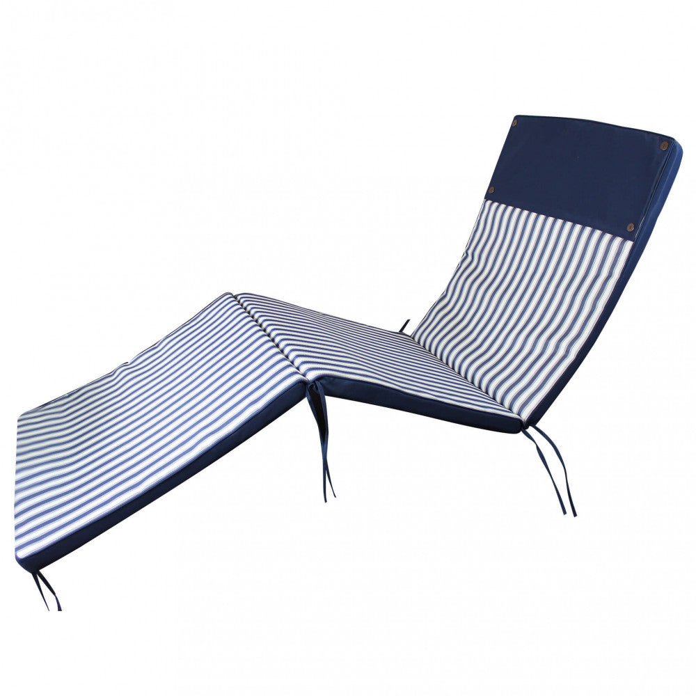 Cuscino lettino a righe blu e bianche piegato, che mostra la sua struttura ergonomica.