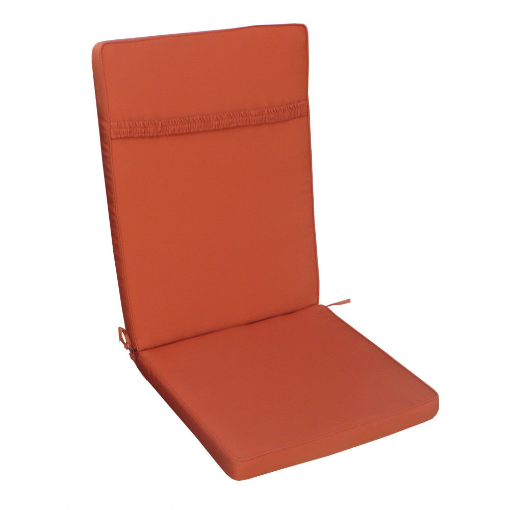 Vista posteriore del cuscino arancione, evidenziando la fascia elastica per un fissaggio sicuro alla seduta.