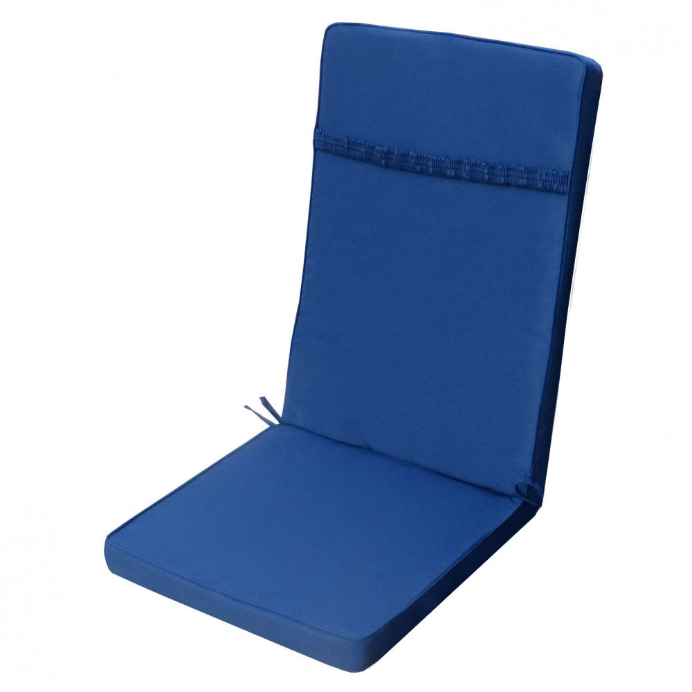 Vista posteriore isolata del Cuscino Real Medio Blu Scuro, che evidenzia la fascia elastica per l'ancoraggio alla sedia.